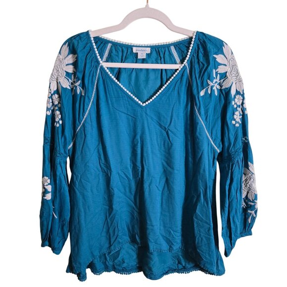 Sundance Naomi Isles Top Teal Embroidered Bohemian Balloon Sleeve Size PS - Picture 2 of 8